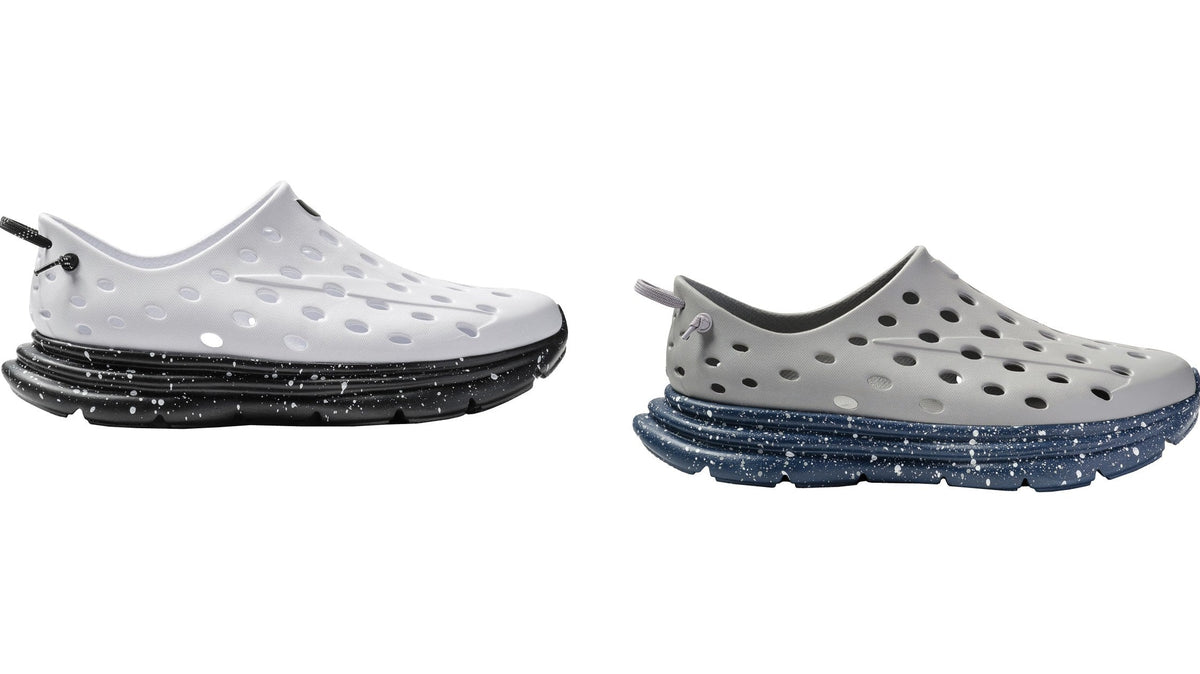 KANE Revive recovery shoes in White/Black Speckle and Moon Gray/Navy Speckle, side views showing the perforated upper and speckled sole
