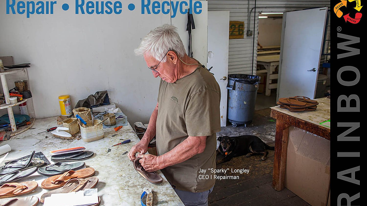 Rainbow Sandals founder Jay Sparky Longley repairing a worn leather sandal at the Rainbow factory in San Clemente, California
