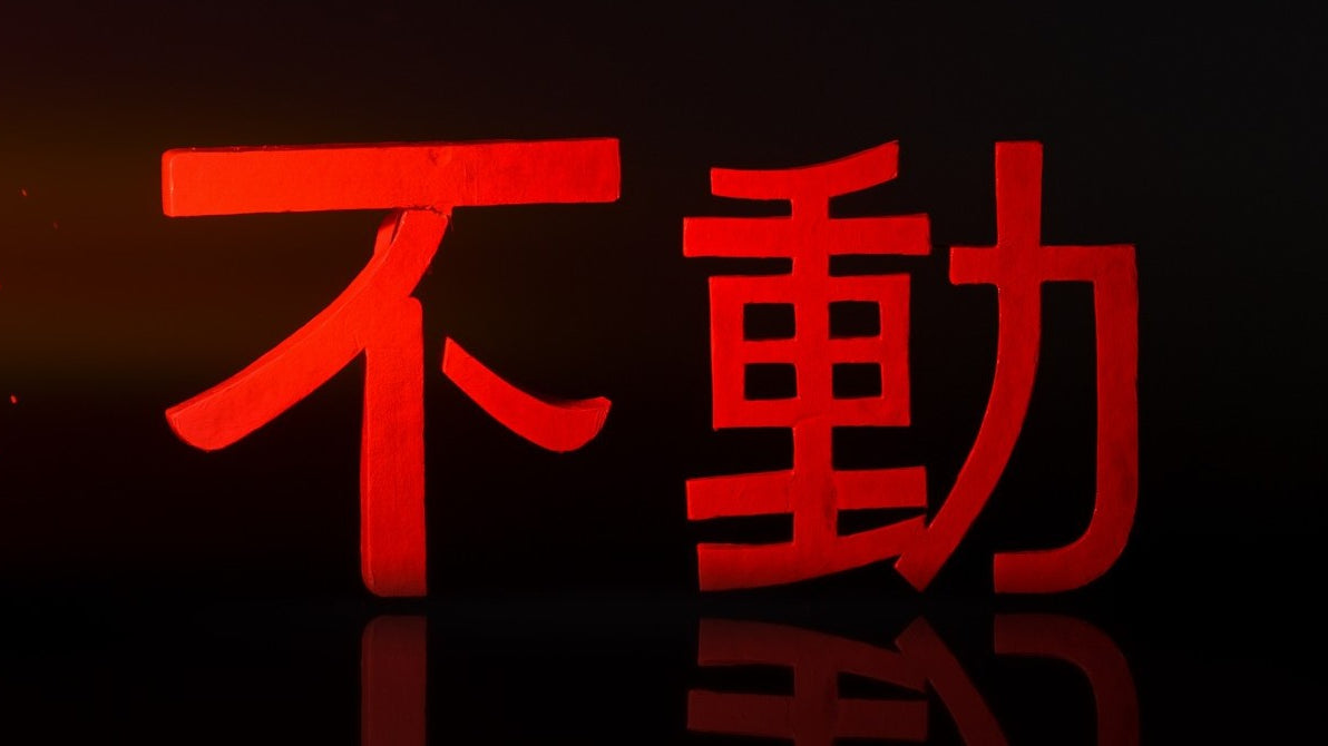 The FUDO title card, the kanji for immovable built as a red sign, from Kolohe Andino's Steko surf film