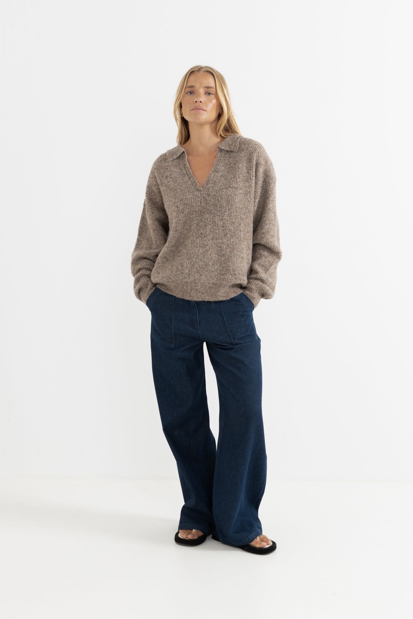 RHYTHM QUINN V-NECK COLLARED JUMPER OAT-OATMEAL 4L