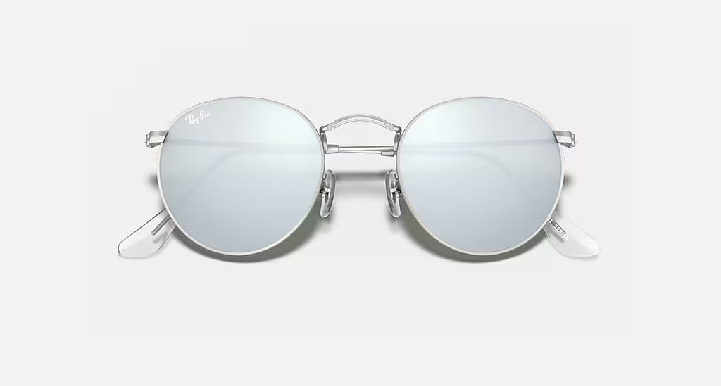 Ray Ban Round Metal Polarized Sunglasses MatteSilver LtGreenMirrorSilver Round