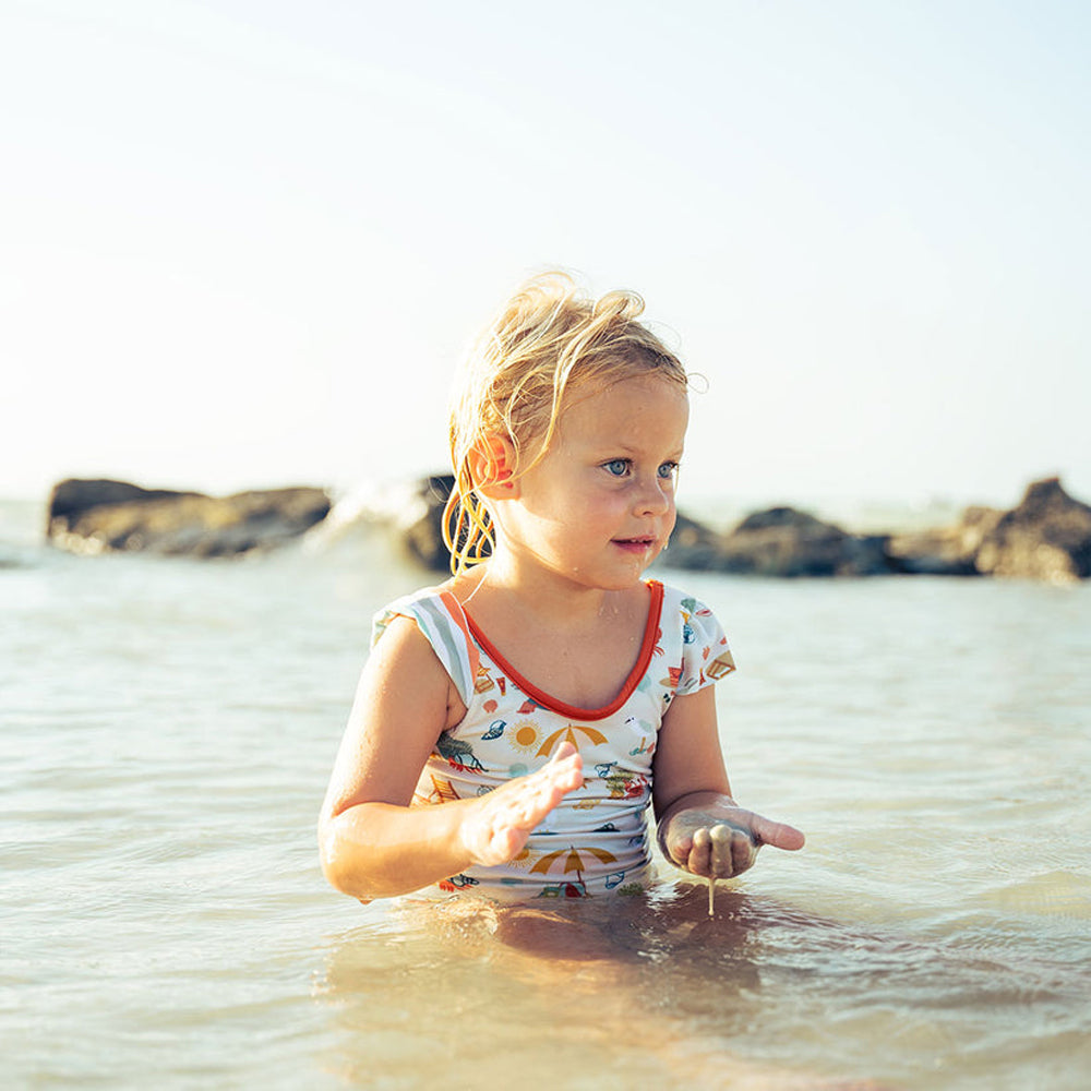Emerson and Friends Reversible Ruffle Girls One Piece Beach/Stripes 6-12M