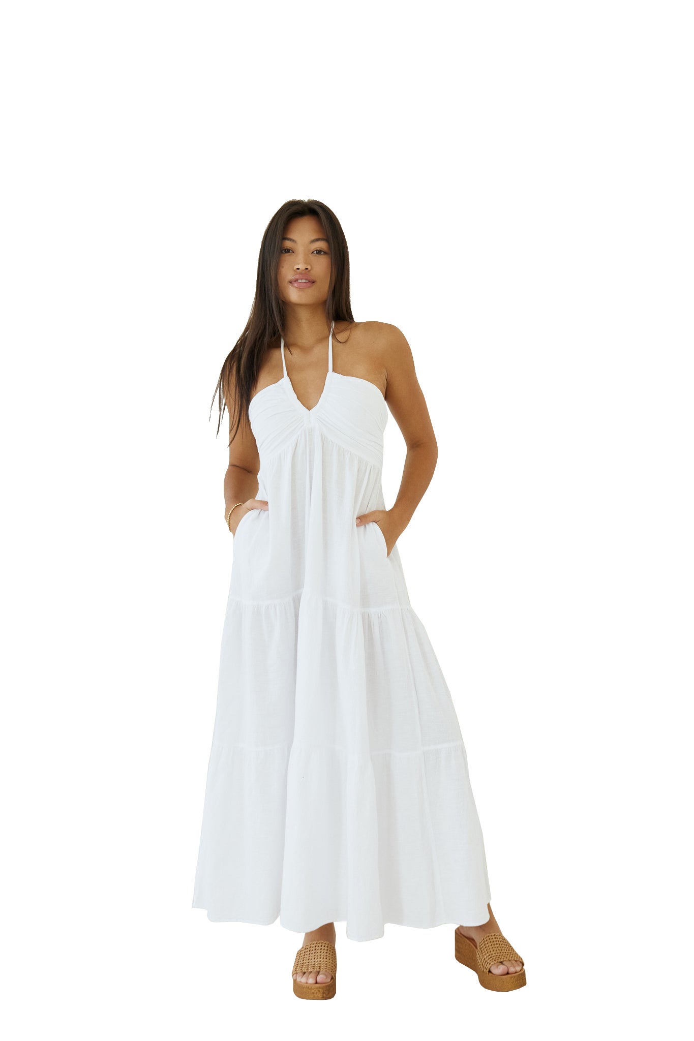 Blanco Tie Back Long Flowy Maxi Dress White L