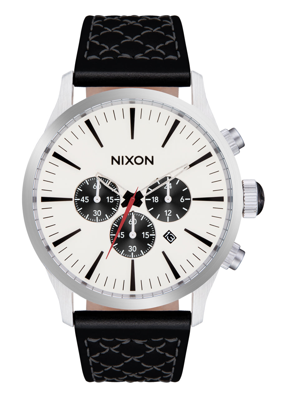 Nixon The Sentry Chrono Leather Watch 5267-Chrome-Cloud Sunray-Black