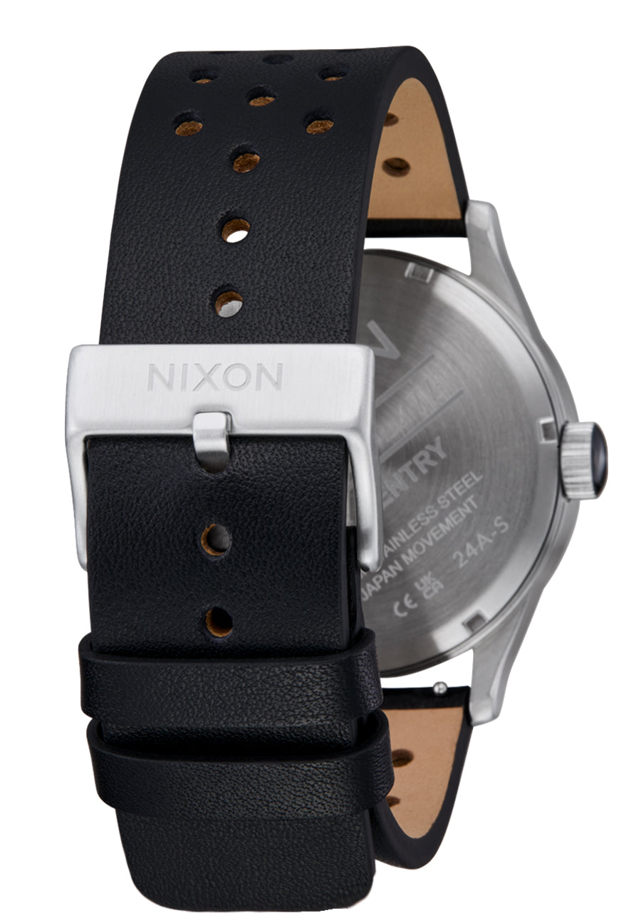 Nixon The Sentry Leather Watch 5269-Chrome-Silver Sunray-Black