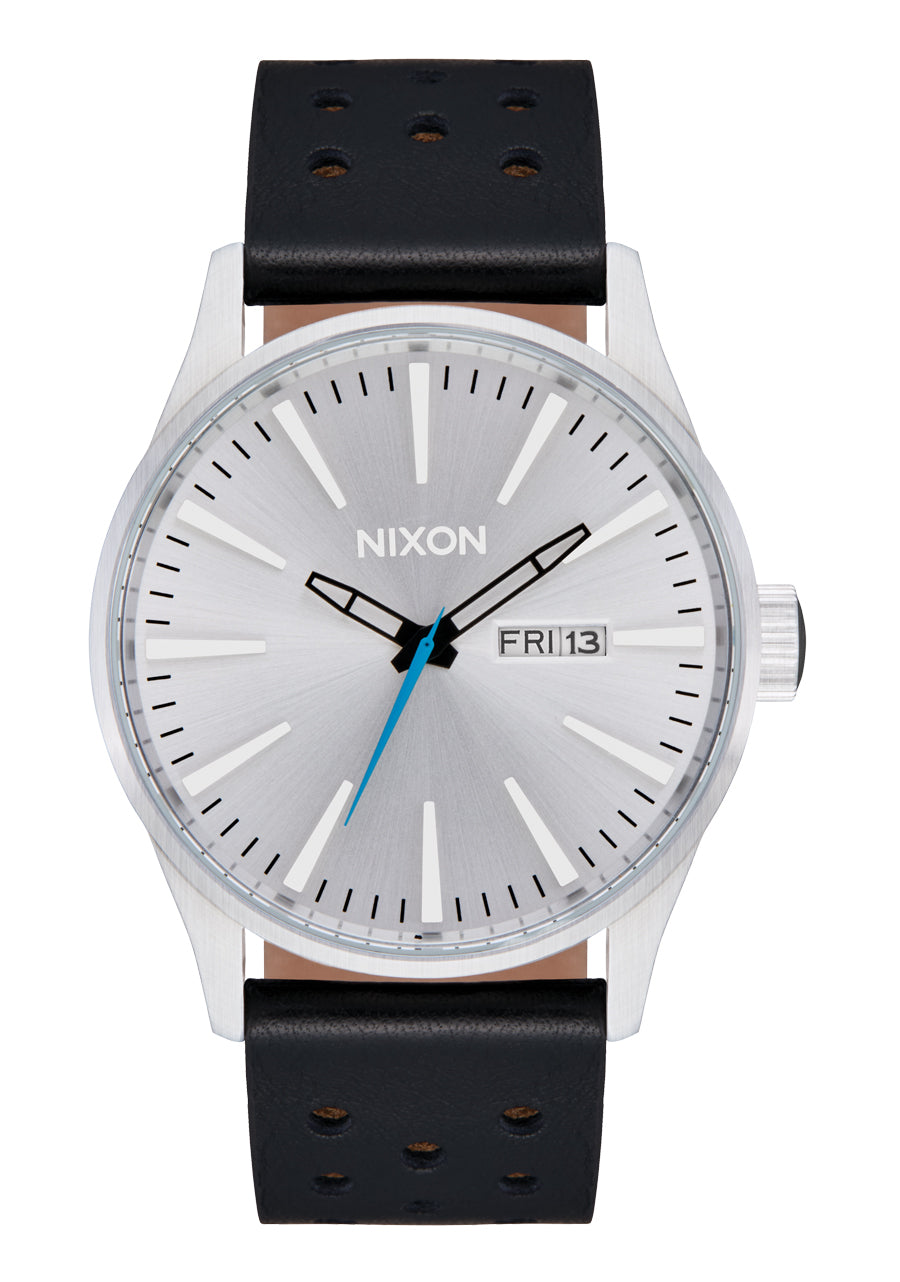 Nixon The Sentry Leather Watch 5269-Chrome-Silver Sunray-Black