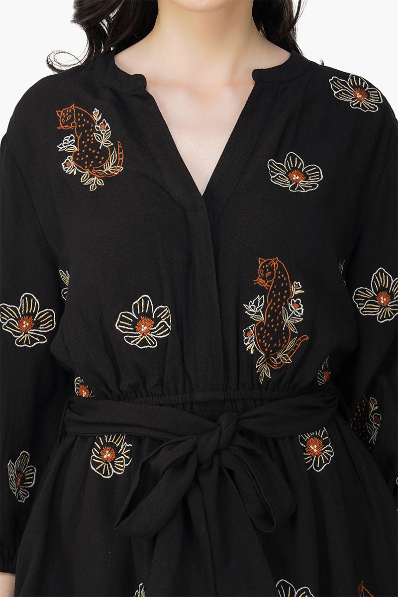 America & Beyond Safari Tiger Embroidered Mini Dress Black S