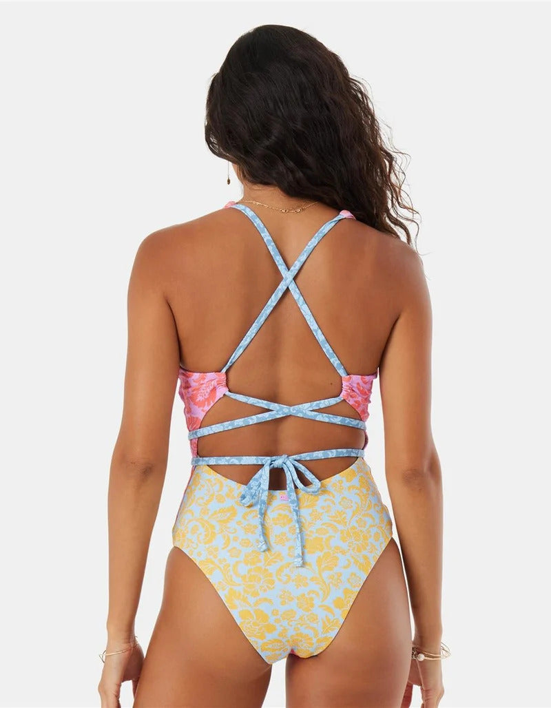 Roxy Tapestry Patchwork Wrap Tie Plunge One Piece MUL XL