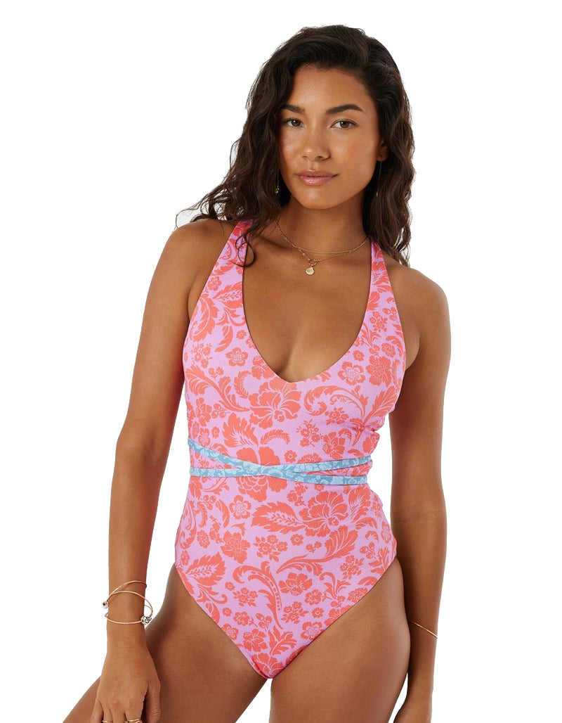 Roxy Tapestry Patchwork Wrap Tie Plunge One Piece MUL XL