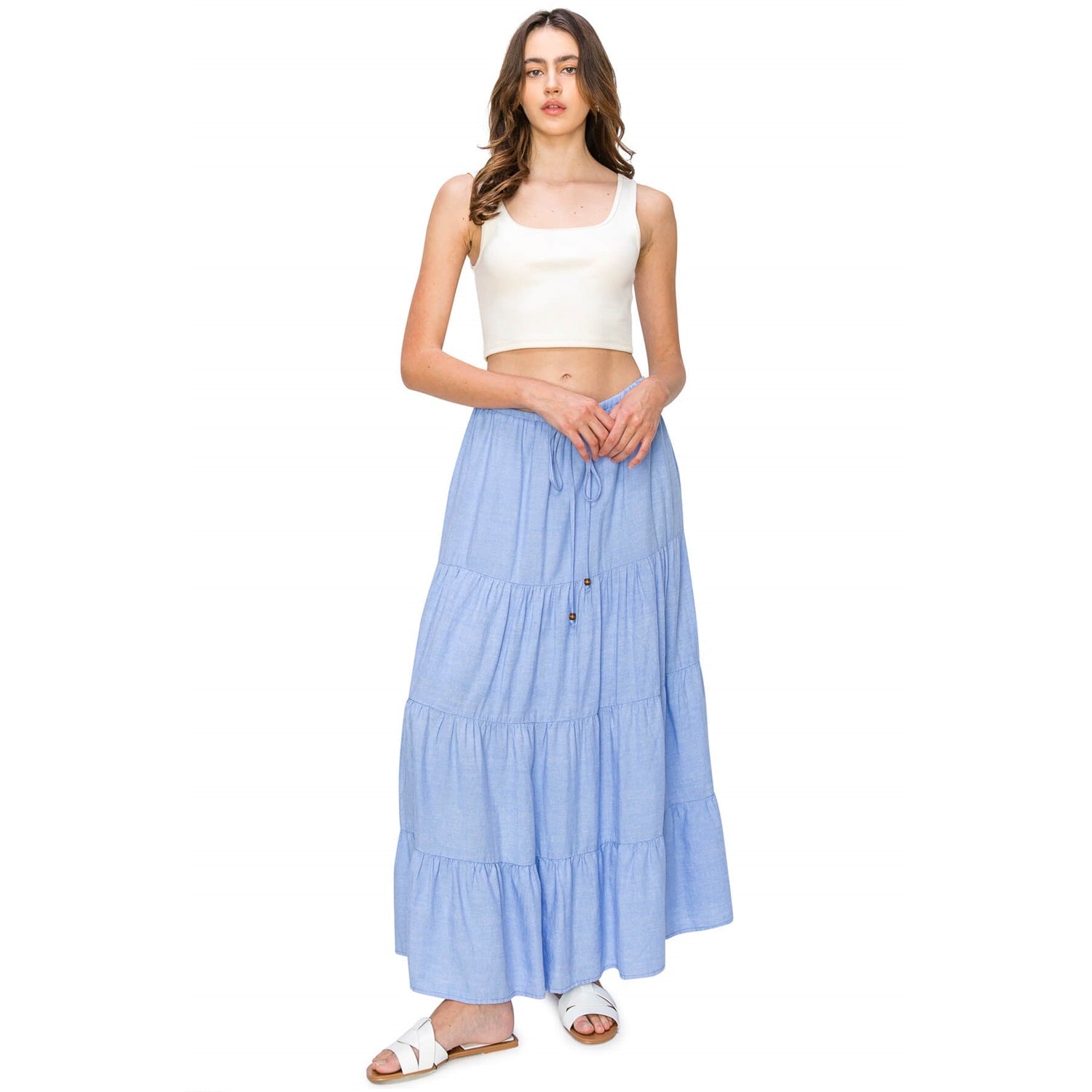 CALI 1850 FLOWY TIERED MAXI SKIRT Blue M