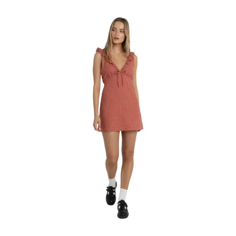 RHYTHM LOLA CHECK RUFFLE MINI DRESS RED 1XS