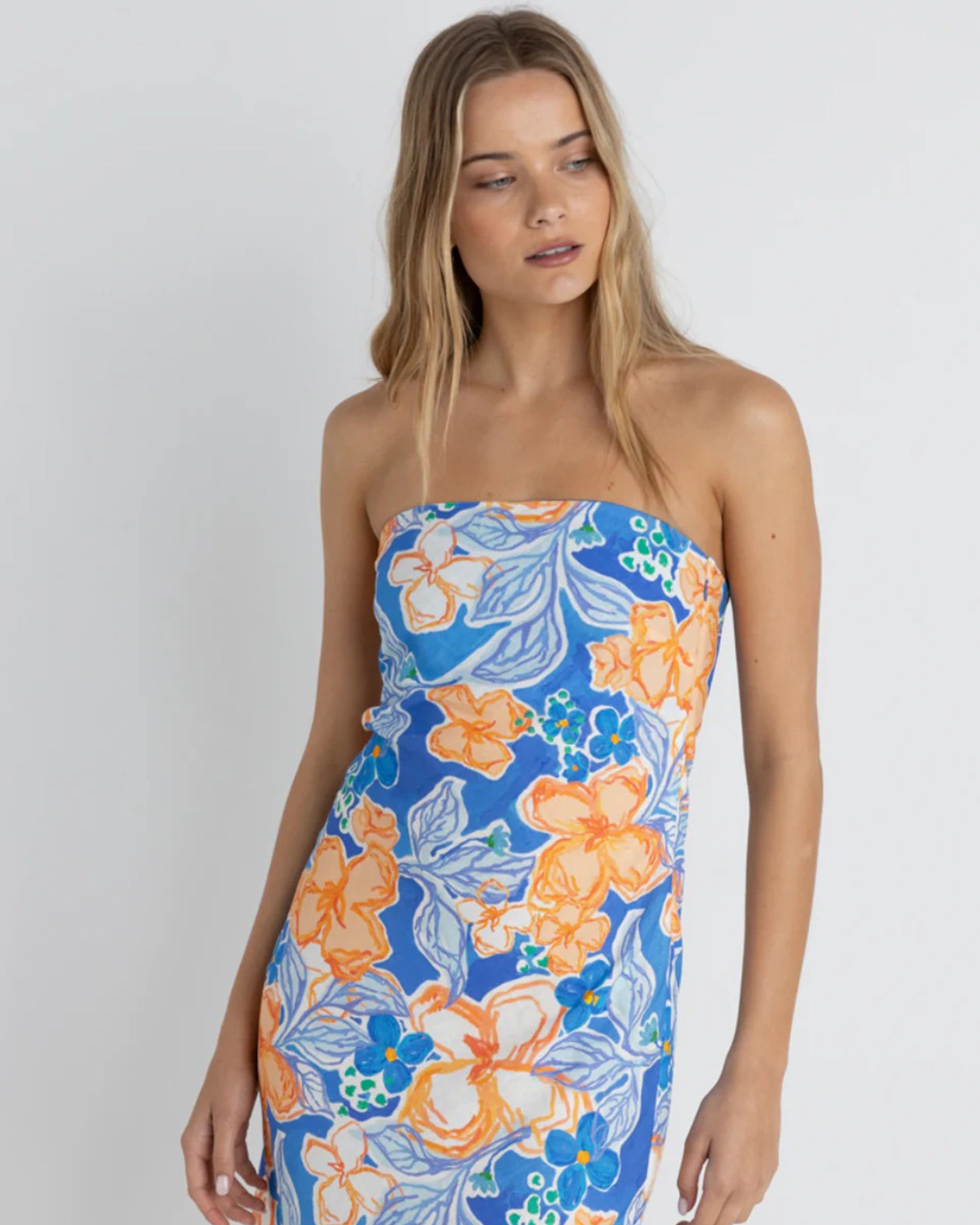 RHYTHM PARADISE FLORAL BIAS MIDI DRESS BLU-BLUE 2S