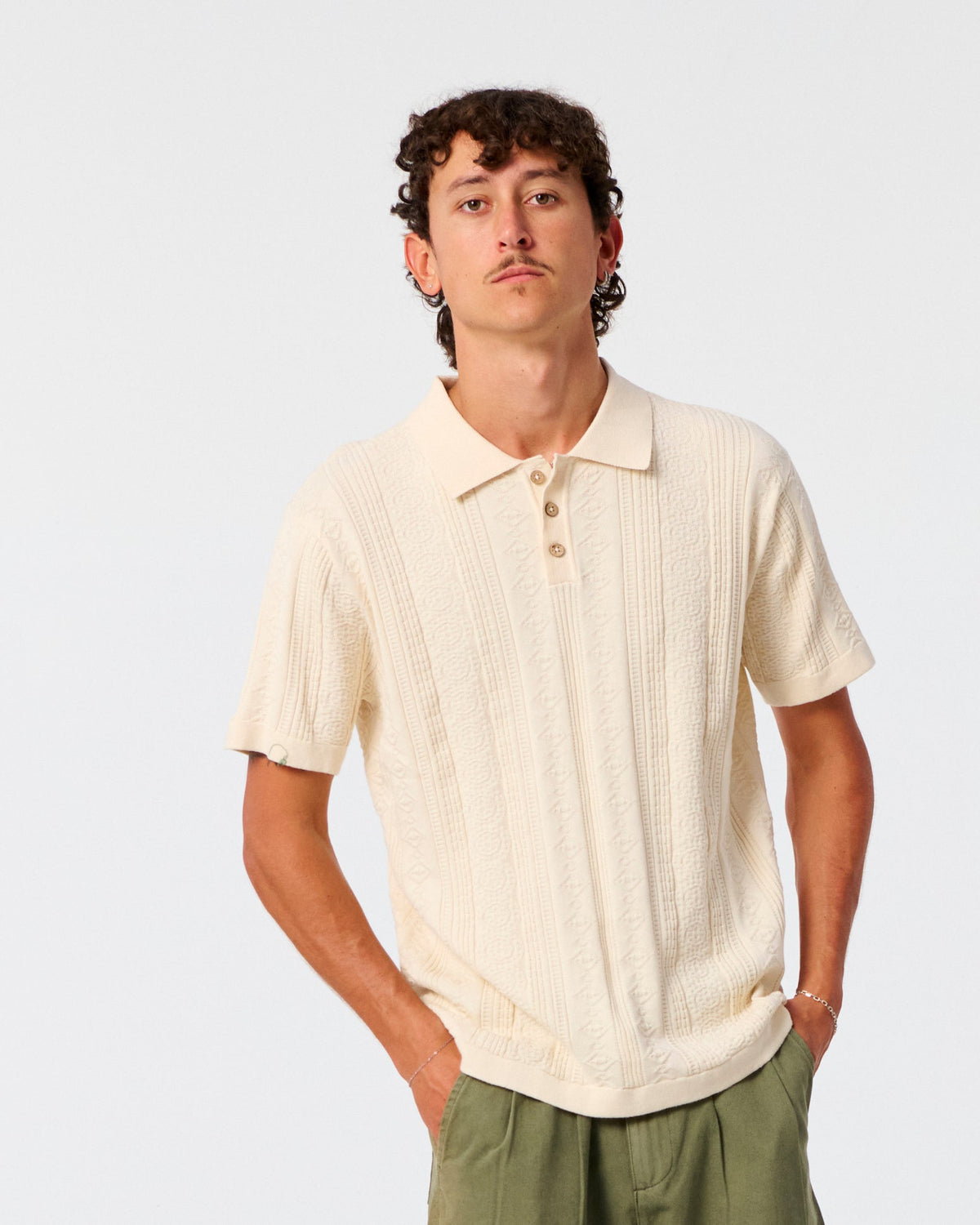 The Critical Slide Society Rails Knit Polo - Ecru L