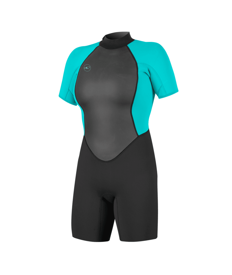 O Neill Reactor-2 2mm Back Zip SS Womens Springsuit Z94-Black-Lite Aqua 6