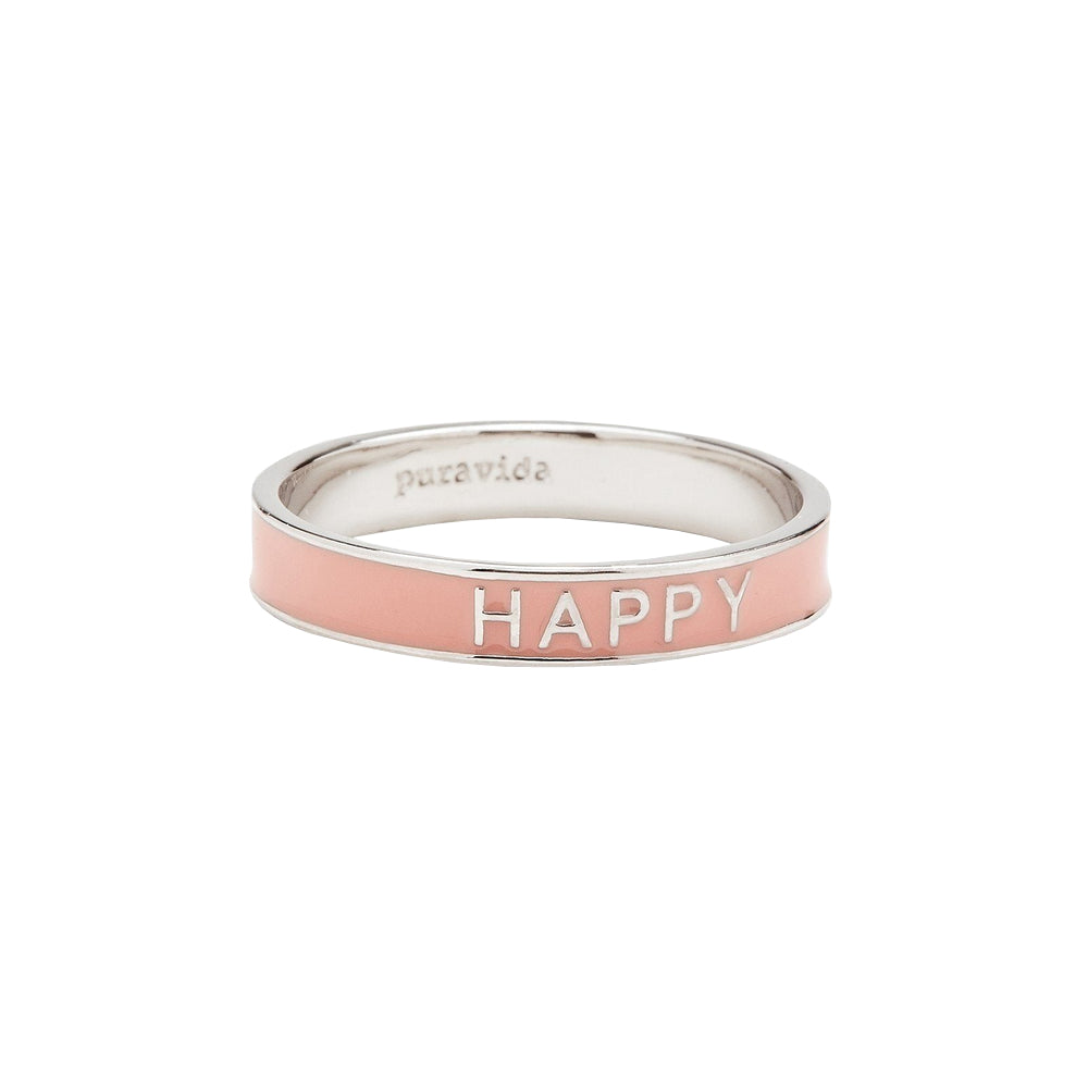 Pura Vida Happy Enamel Word Ring Silver 7