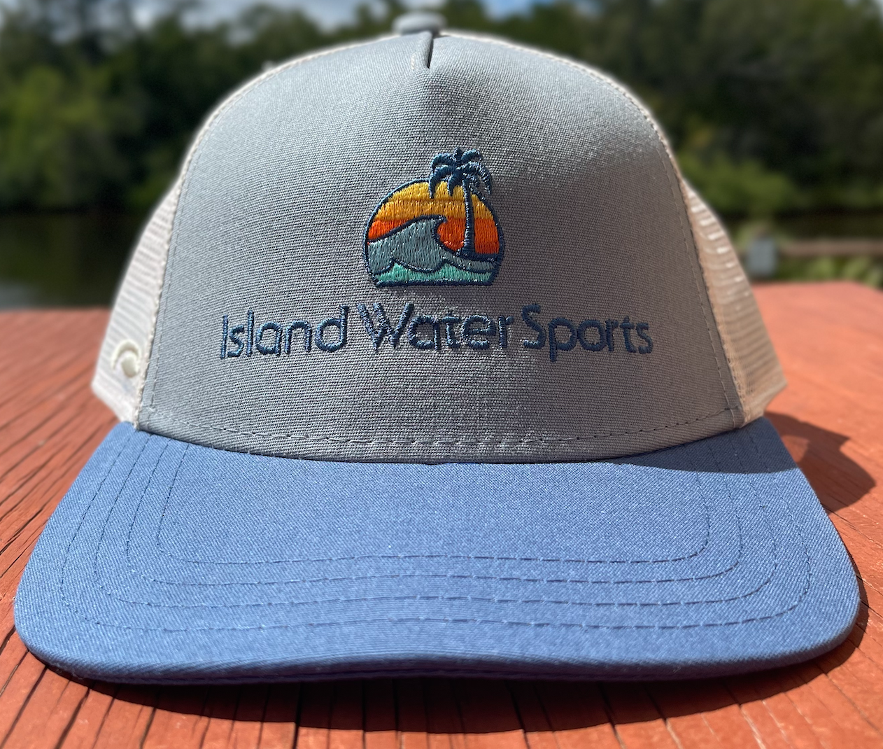 Island Water Sports Sunrise Palm Trucker Hat Quarry OS