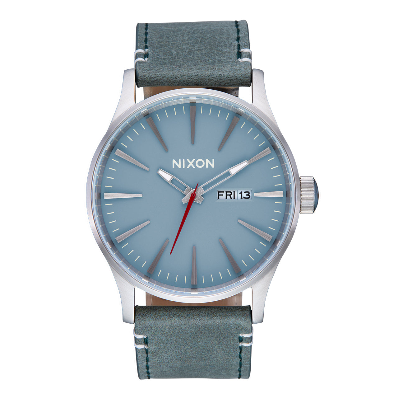 Nixon The Sentry Leather Watch 5158-Silver-Dusty Blue-Dark Forest