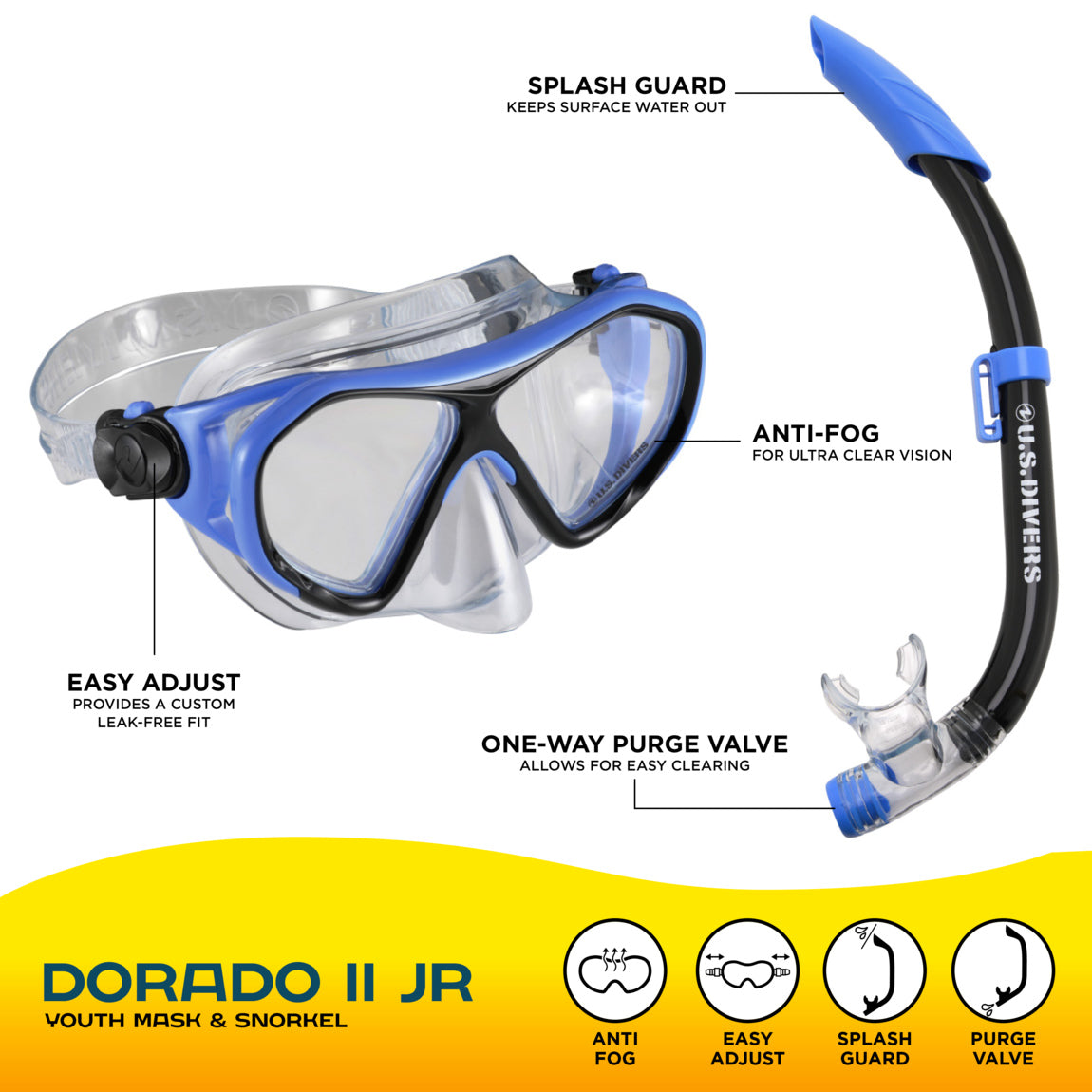 US Divers Dorado 2 Mask and Snorkel Junior Combo Blue-Black