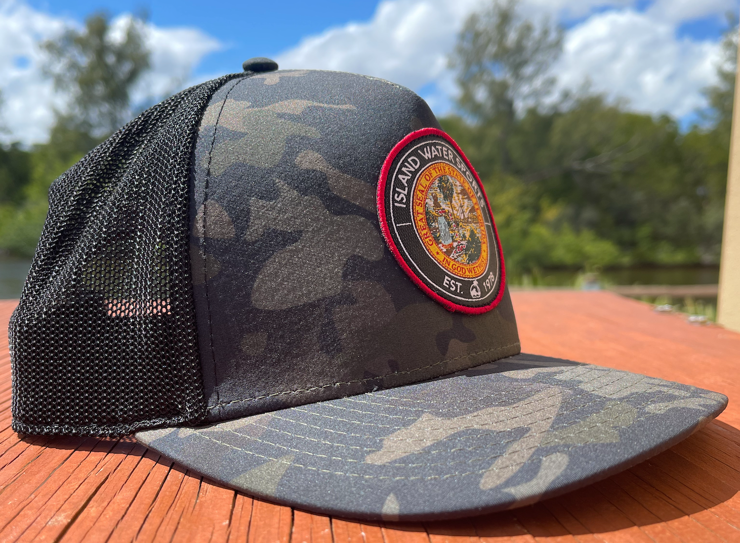 Island Water Sports Seal of Florida Trucker Hat Camo/Black OS