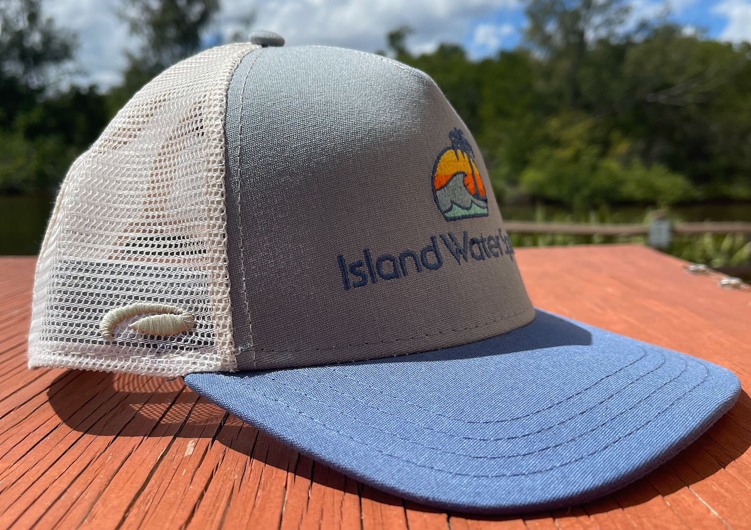 Island Water Sports Sunrise Palm Trucker Hat Quarry OS