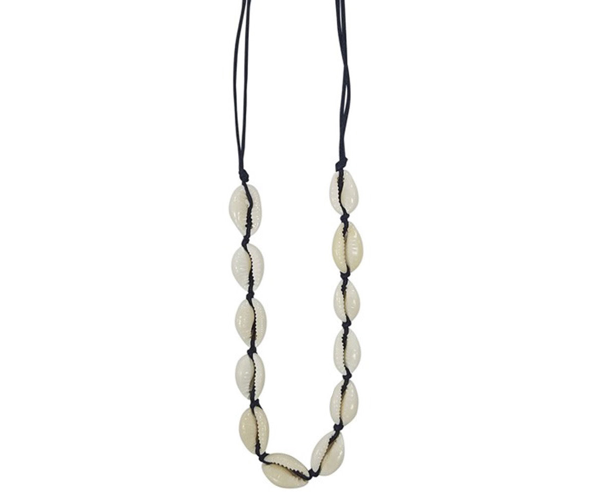 Wave & Palm 12 Cowrie Shell Necklace Black