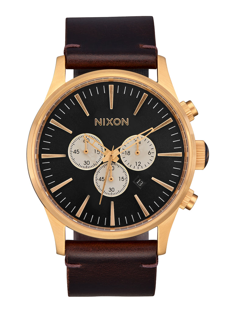 Nixon The Sentry Chrono Leather Watch 5033-Gold-Indigo-Brown