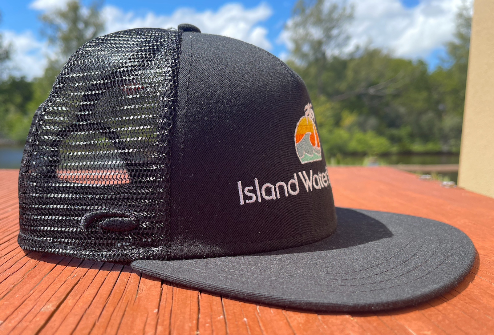 Island Water Sports Sunrise Palm Trucker Hat Black OS