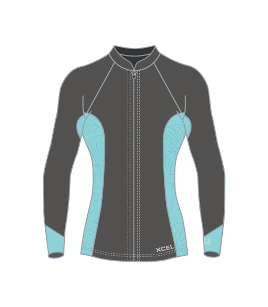 Xcel Axis 2/1mm LS Front Zip Girls Wetsuit Jacket GGP-Graphite-Glacier Blue Monstera 4