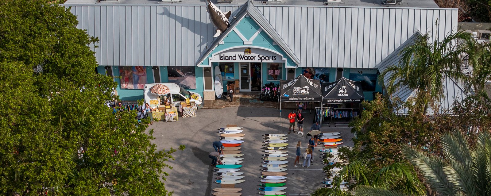 Aerial view of surfboards laid out in the Island Water Sports Deerfield Beach lot
