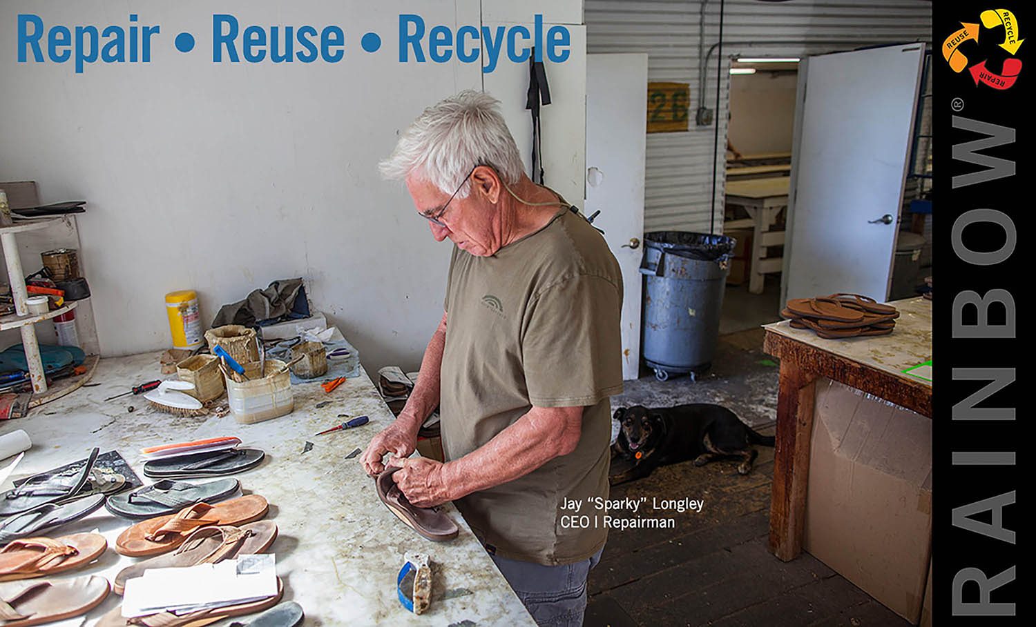Rainbow Sandals founder Jay Sparky Longley repairing a worn leather sandal at the Rainbow factory in San Clemente, California