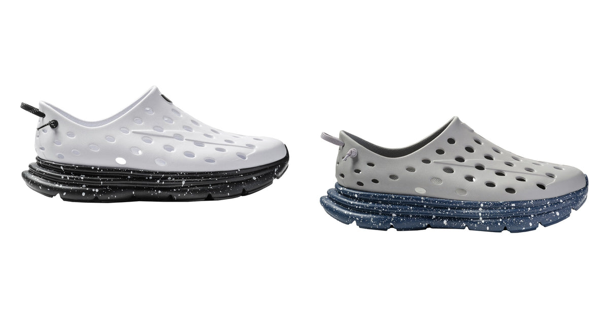 KANE Revive recovery shoes in White/Black Speckle and Moon Gray/Navy Speckle, side views showing the perforated upper and speckled sole