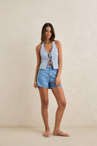 RHYTHM LOUISE TIE FRONT HALTER TOP BLU-BLUE 2S