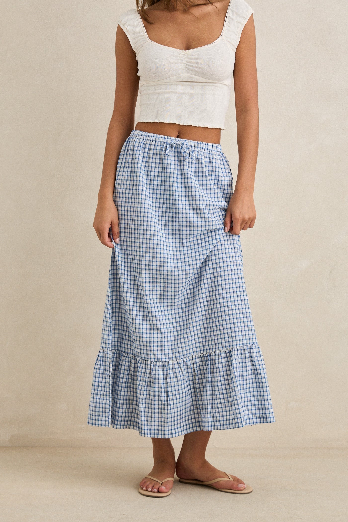 RHYTHM LOLA CHECK TIERED MAXI SKIRT BLU-BLUE 3M