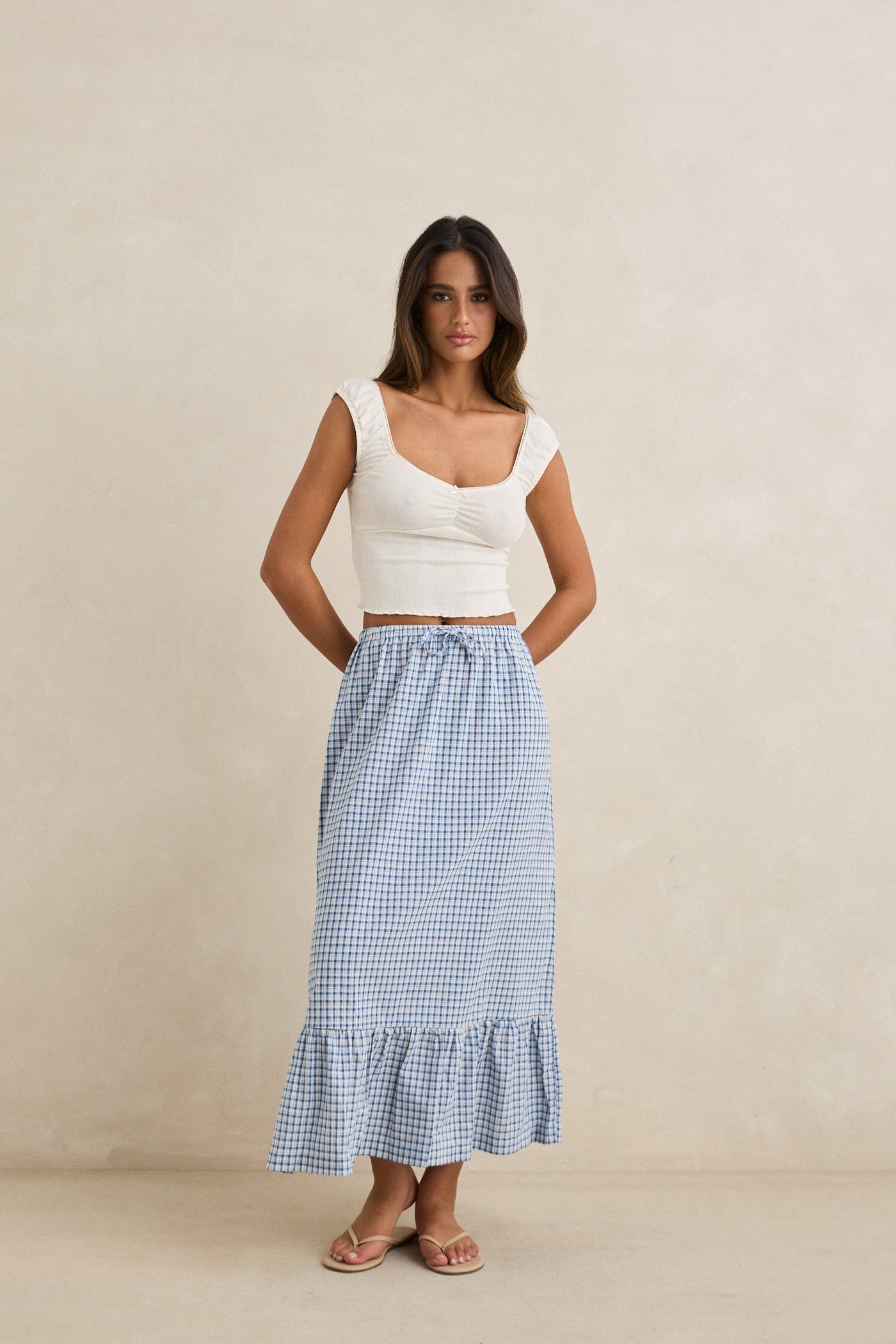 RHYTHM LOLA CHECK TIERED MAXI SKIRT BLU-BLUE 3M