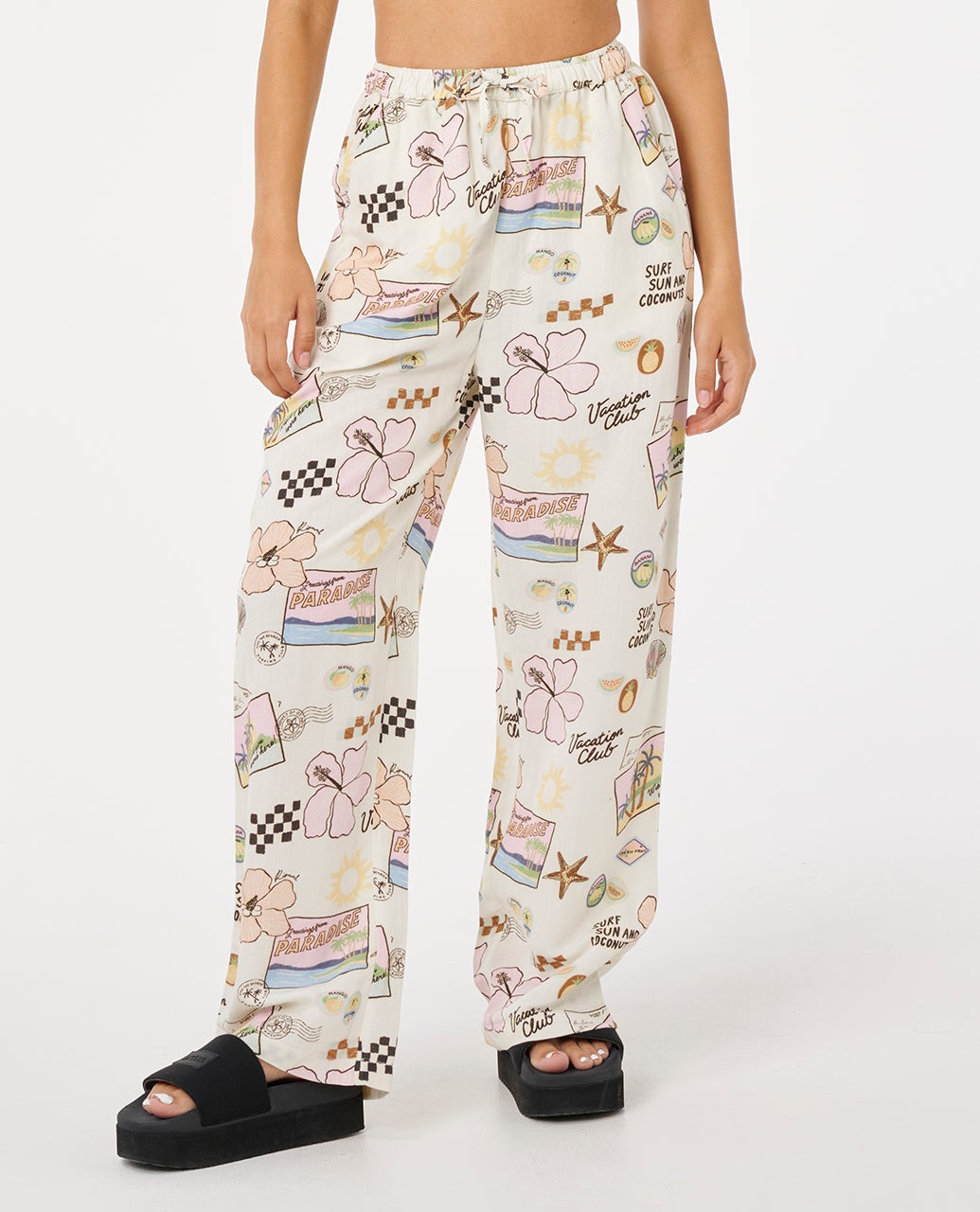 RIP CURL SUNSET LUAU WIDE LEG PANTS 0375-BLACK/OFF WHITE M