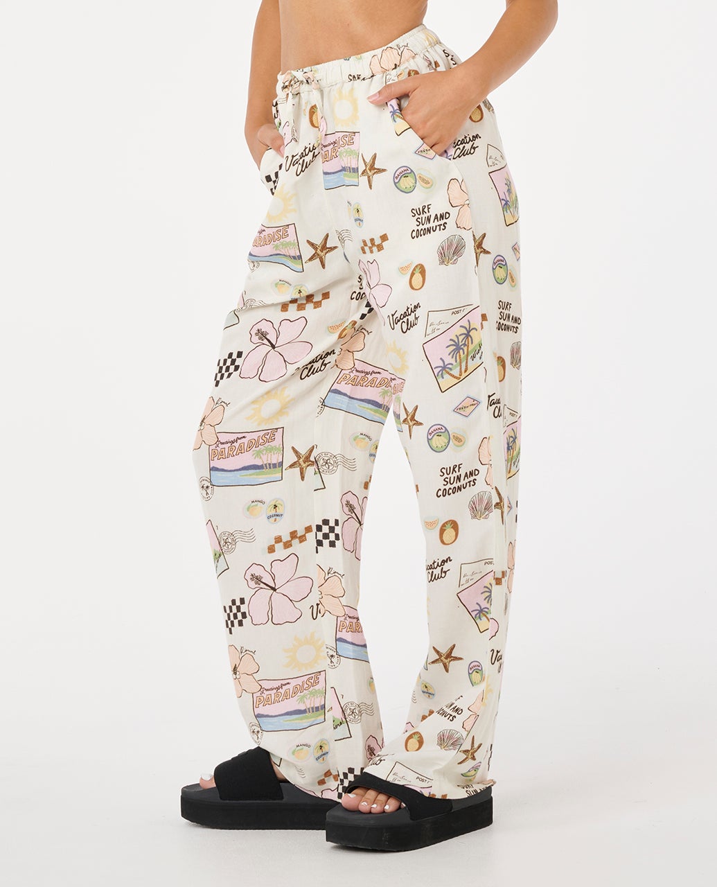 RIP CURL SUNSET LUAU WIDE LEG PANTS 0375-BLACK/OFF WHITE XS
