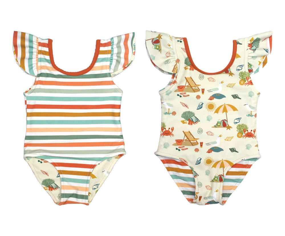 Emerson and Friends Reversible Ruffle Girls One Piece  Beach/Stripes 6-12M