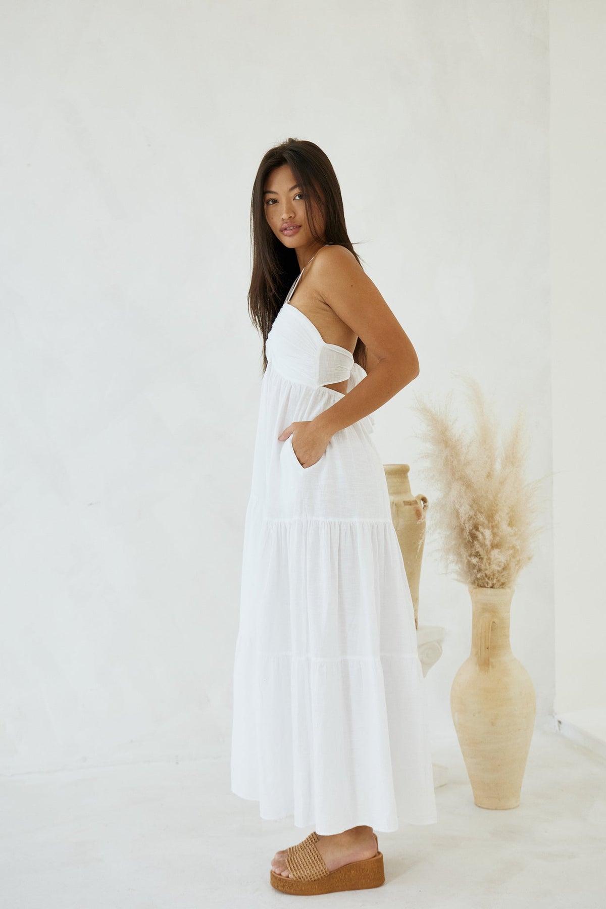 Blanco Tie Back Long Flowy Maxi Dress