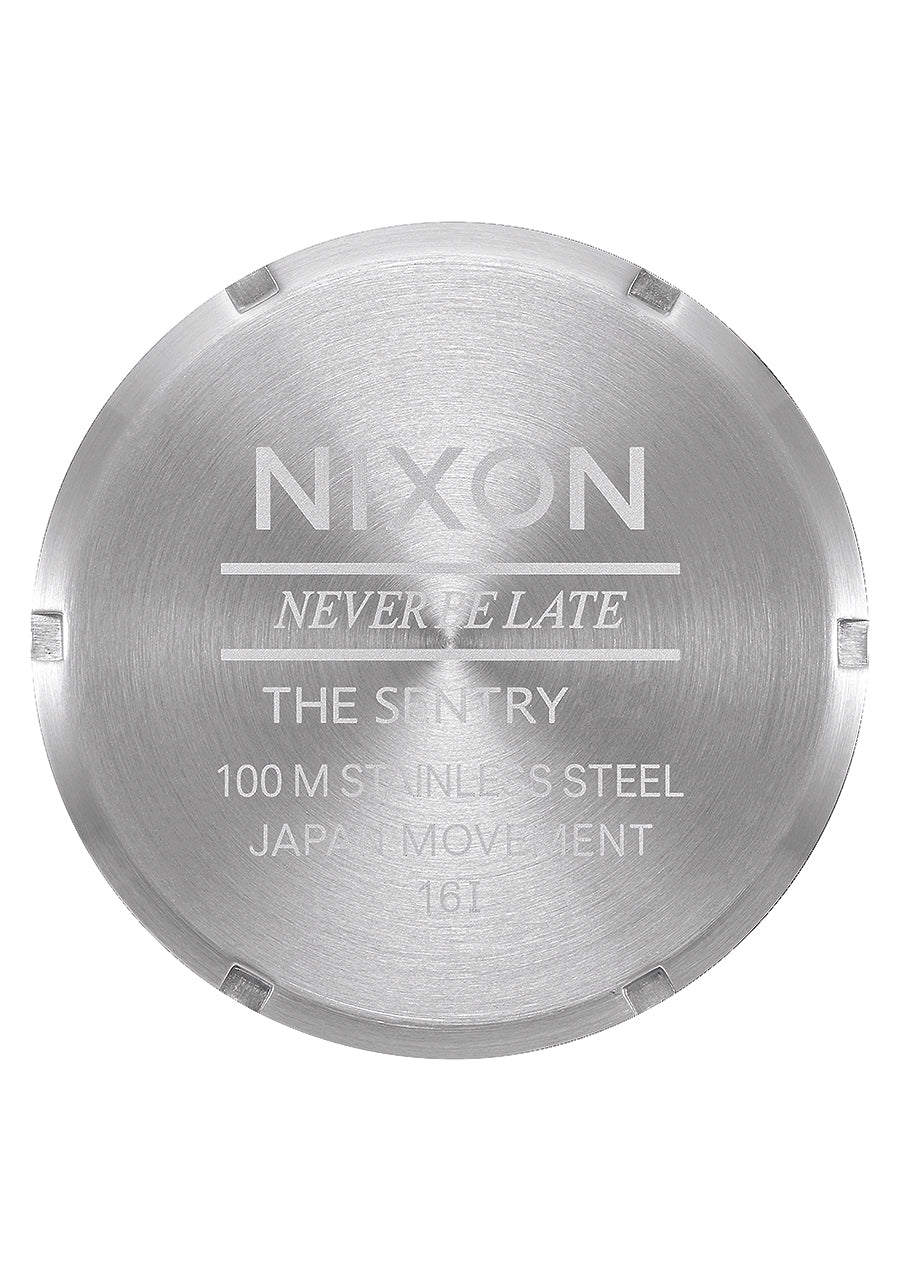 Nixon The Sentry Leather Watch 5269-Chrome-Silver Sunray-Black