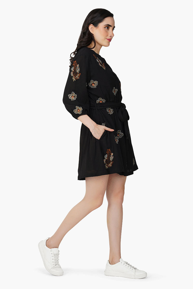 America & Beyond Safari Tiger Embroidered Mini Dress Black S