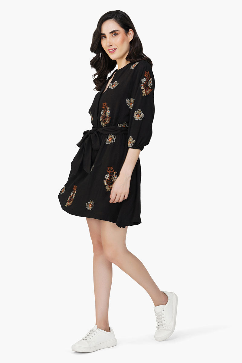 America & Beyond Safari Tiger Embroidered Mini Dress Black L