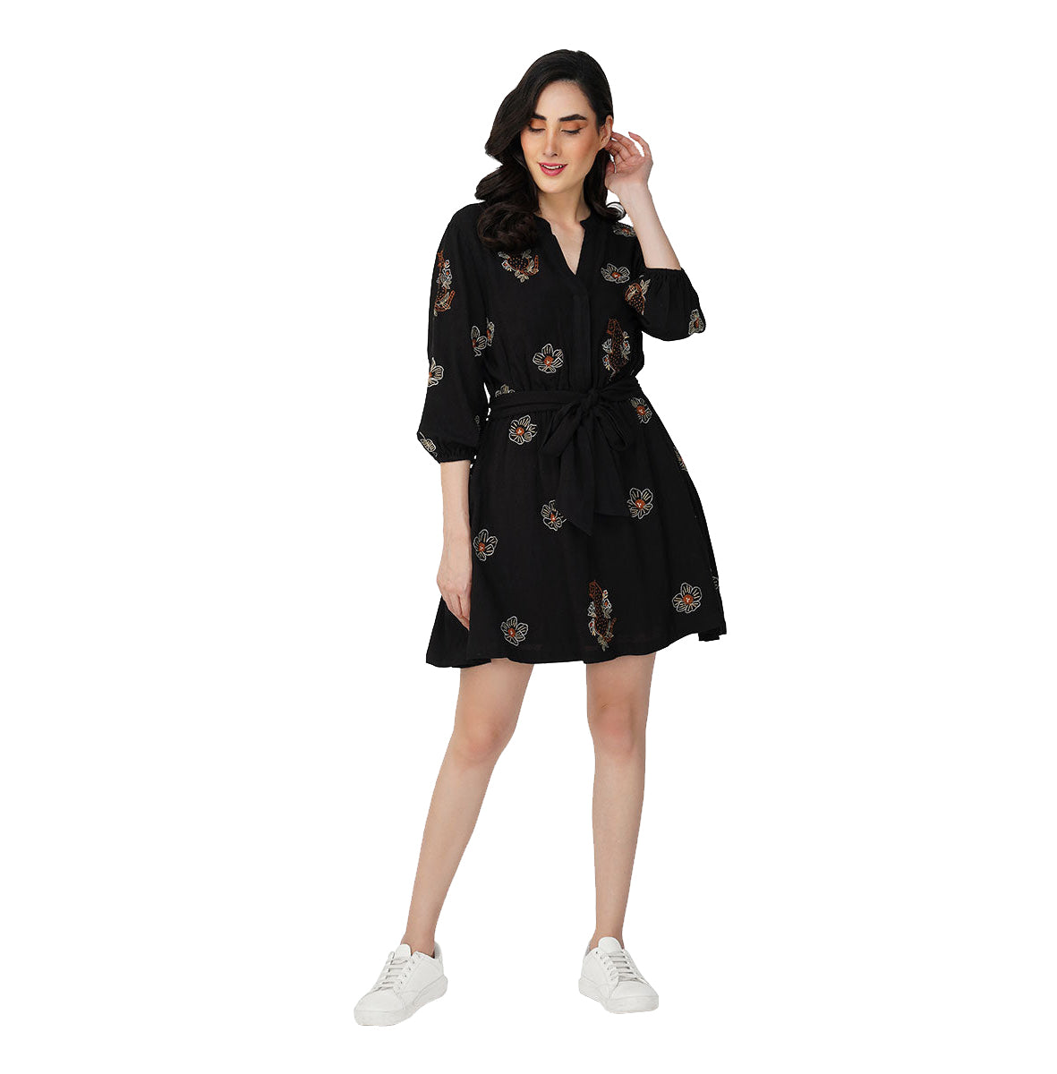 America & Beyond Safari Tiger Embroidered Mini Dress Black S