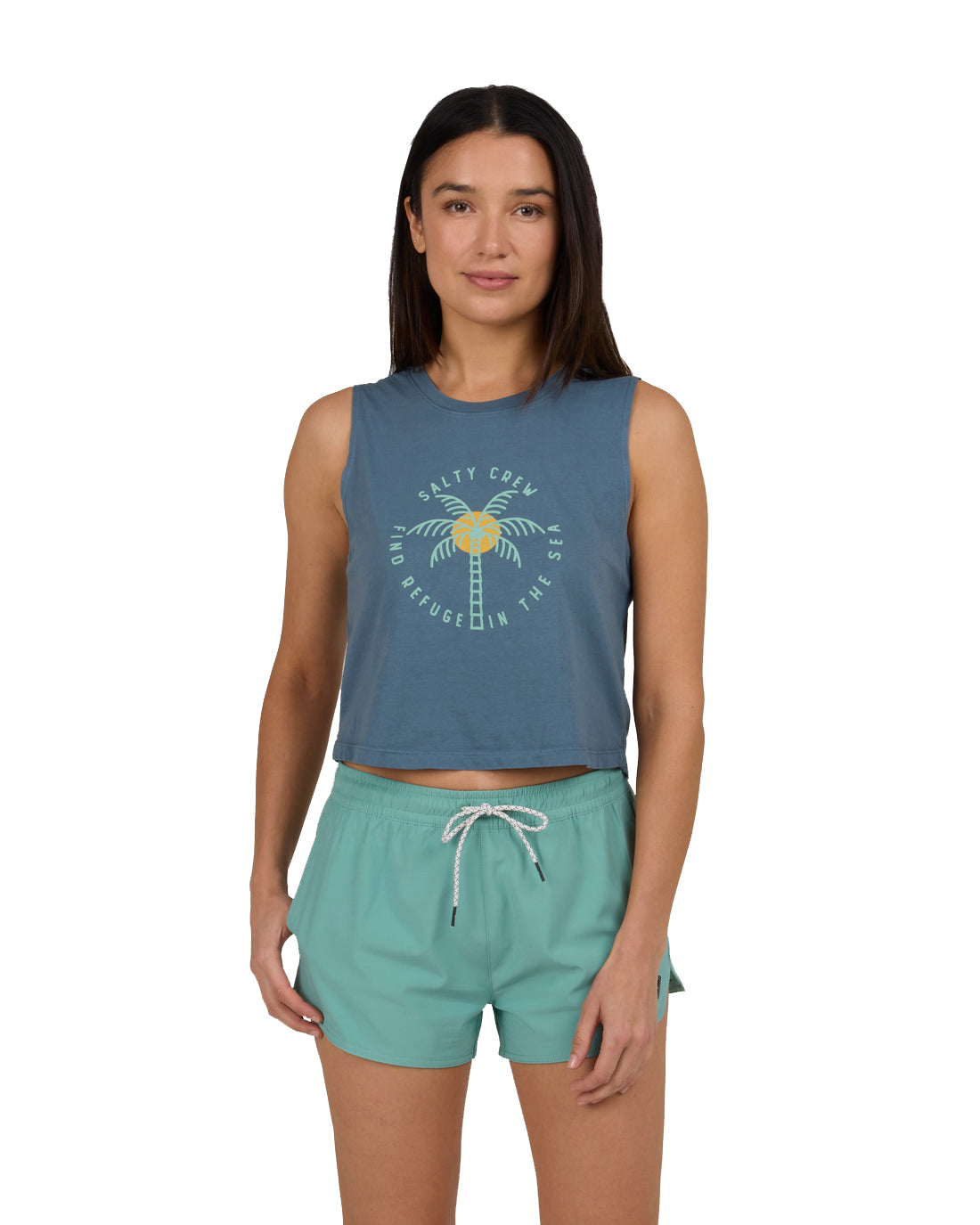 Salty Crew Queen Palm Cropped Tank FinBlue XS