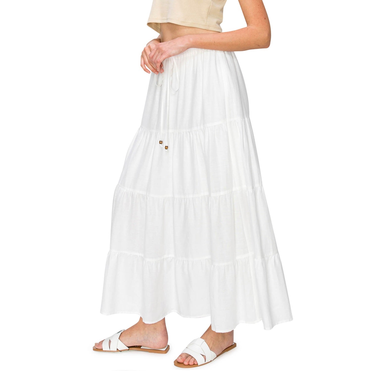 CALI 1850 FLOWY TIERED MAXI SKIRT White L