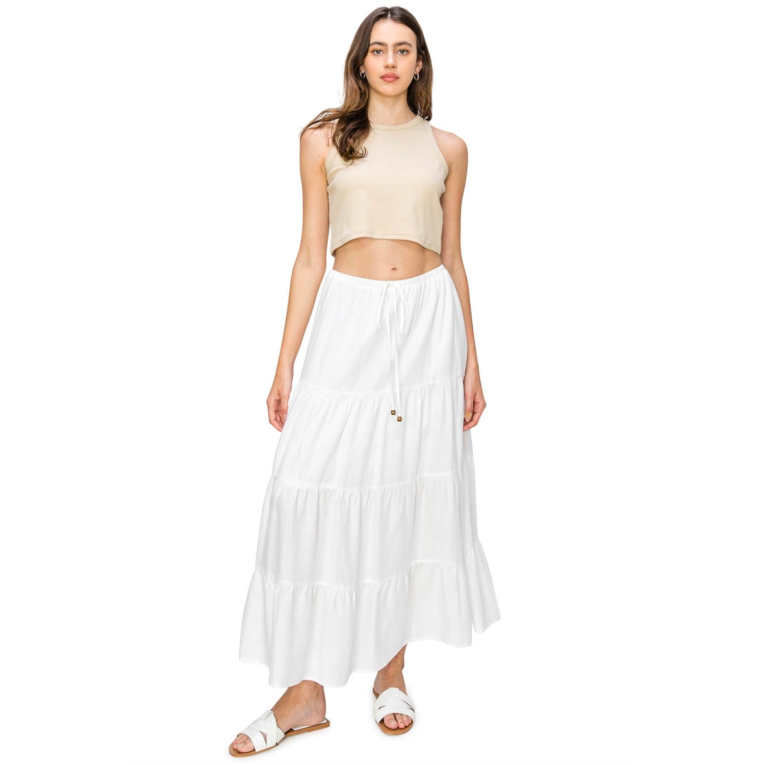 CALI 1850 FLOWY TIERED MAXI SKIRT White L