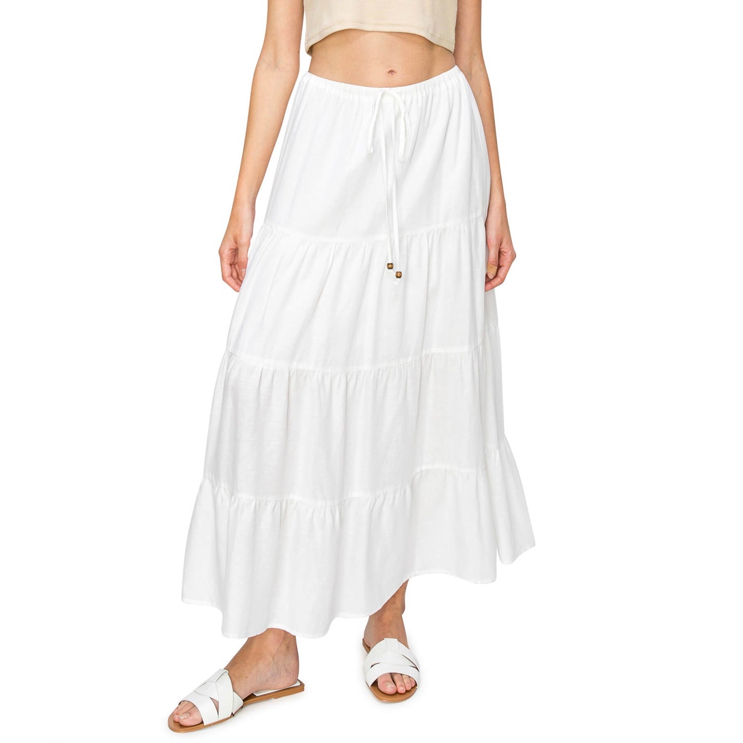 CALI 1850 FLOWY TIERED MAXI SKIRT White L
