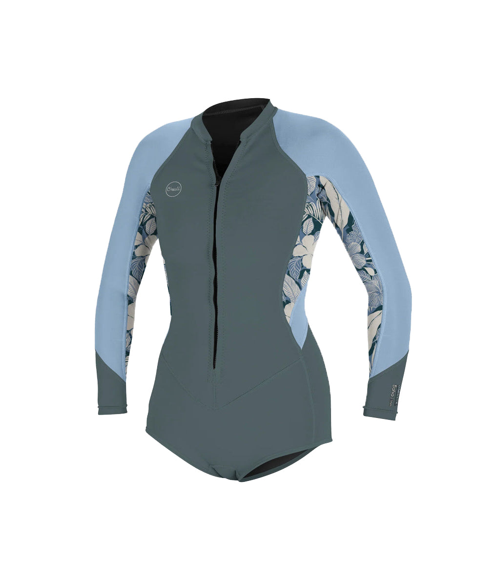 O Neill Bahia 2/1mm Front Zip LS Surf Suit Womens Springsuit IJ8-SHADE/PALMTROP/FDENIM 6
