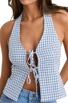 RHYTHM LOUISE TIE FRONT HALTER TOP BLU-BLUE 4L