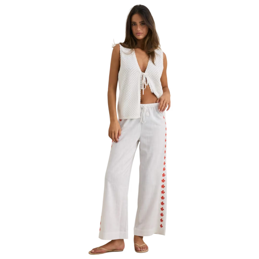 RHYTHM MELIA FLORAL EMBROIDERED BEACH PANT WHITE 08