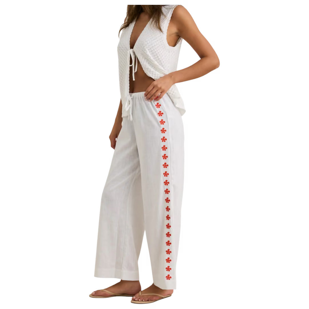 RHYTHM MELIA FLORAL EMBROIDERED BEACH PANT WHITE 08